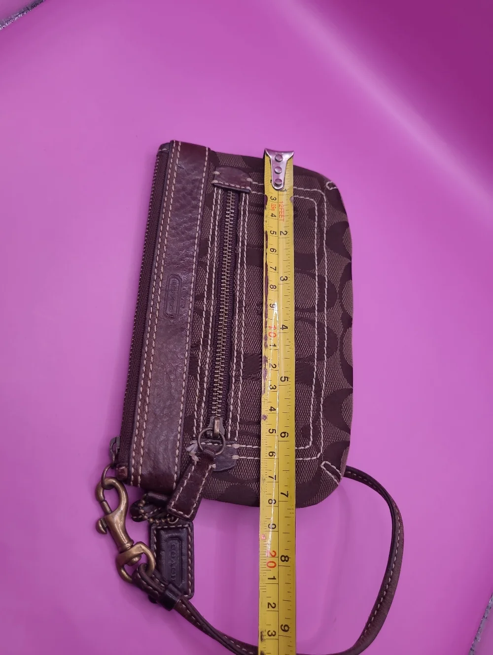 RARE Vintage Coach Soho Signature C Choco Brown Leather Trim Purse Bag Wristlet - Picture 12 of 13